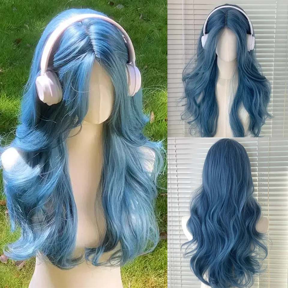 

Long Curly Wavy Synthetic Blue Wigs with Bangs for Women Body Wave Wigs Cosplay Daily Natural Use Hair Heat Resistant