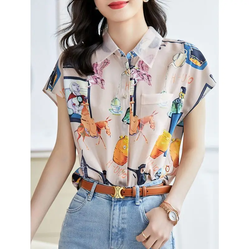 Vintage Fashion Summer New Women\'s Polo-Neck Printing Single Breasted Temperament Versatile Loose Short Sleeve Thin Style Tops