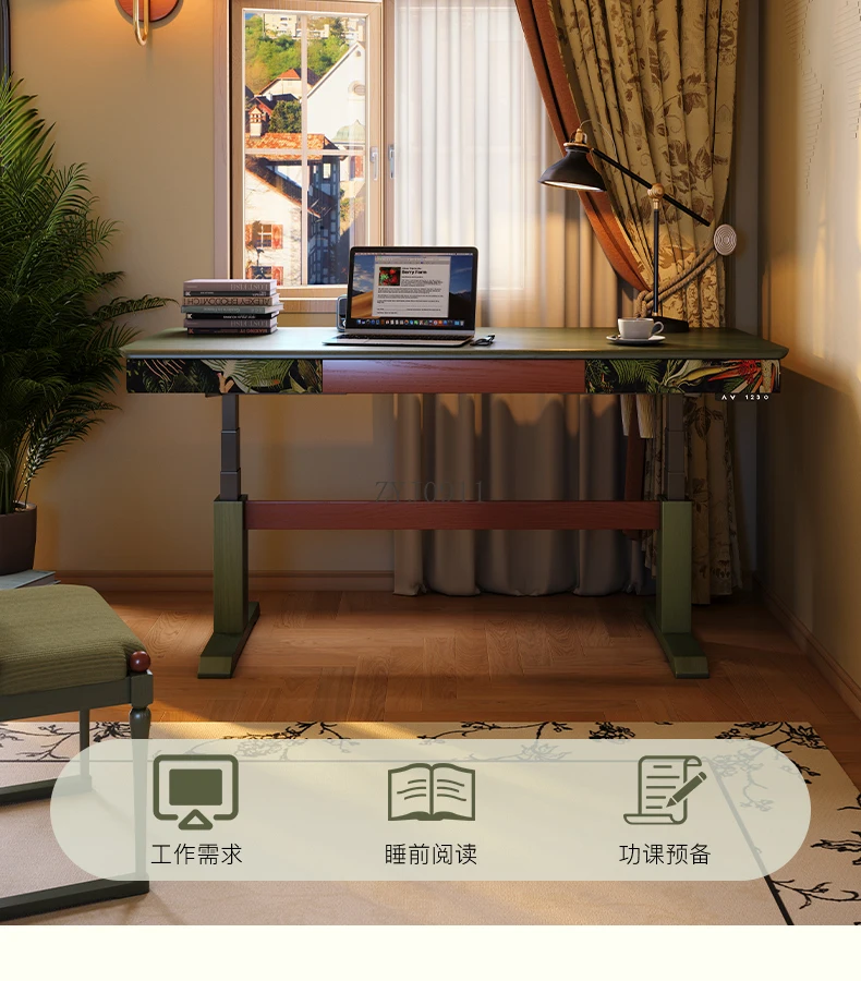 New electric lifting table French retro home solid wood workbench antique computer study table