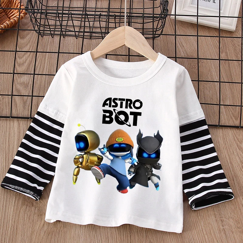 Astro Bot Uzun Kollu Tişört Çocuk Karikatür Anime Şerit Sahte Iki Öğeler Giyim Erkek Kız Sonbahar Moda Üst Çocuk Giysileri