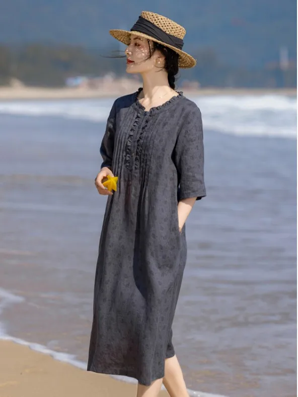 تنورة Ele A-Line Midi Dr Summer 2025 من القطن والكتان مطبوعة Gored Ne تنورة تنحيف ort Sve للسيدات عتيقة