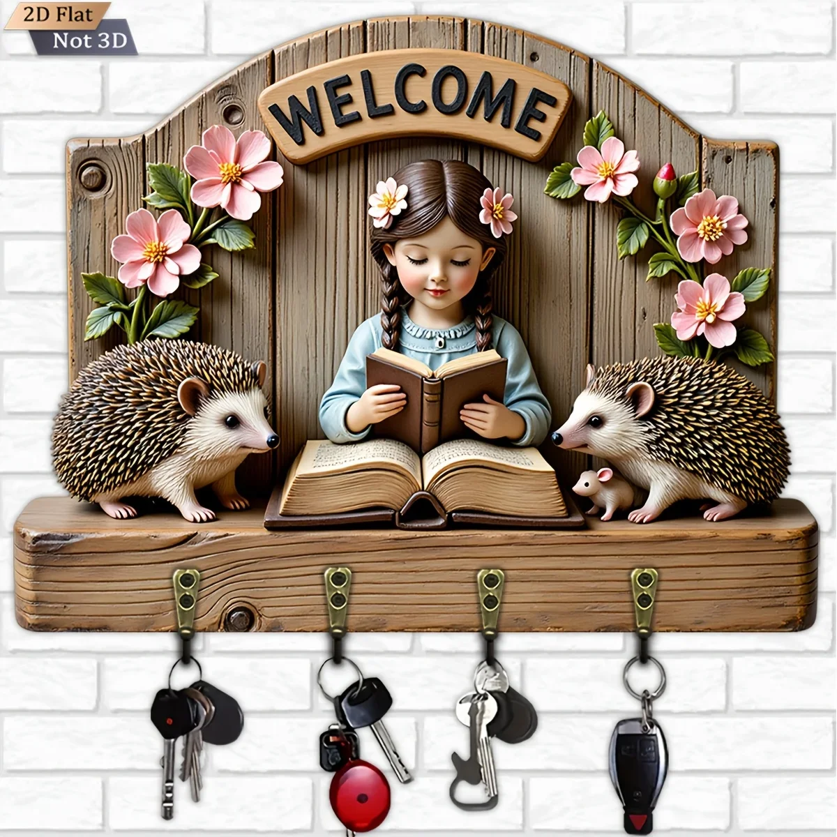 2D Flat, 1pc, Cute Hedgehog with  Welcome Key Hook, Wooden Multi-functional Home Key Hanger, with Four Metal Hooks, Wall