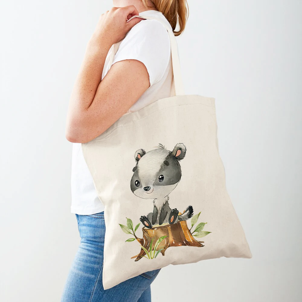 Cute Fox Bunny Deer Bear Wolf Raccoon Tote for Lady Handbag Shopper Supermarket Bag Cartoon Animal Canvas Women Shopping Bags