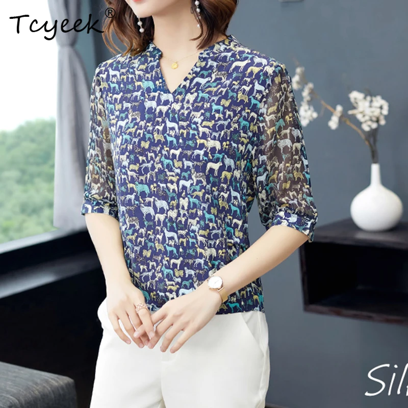 

Tcyeek 23MM 100%Real Silk Plus Size T-Shirt Women,Half Sleeves V-Neck Print,Fashion Retro Commute Top,2025 Spring New T42296QD