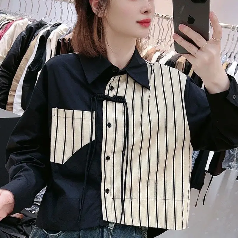 Korean Fashion Spring Autumn New Women\'s POLO Collar Striped Single Breasted Fake Two Pieces Casual Loose Long Sleeve Shirts Top