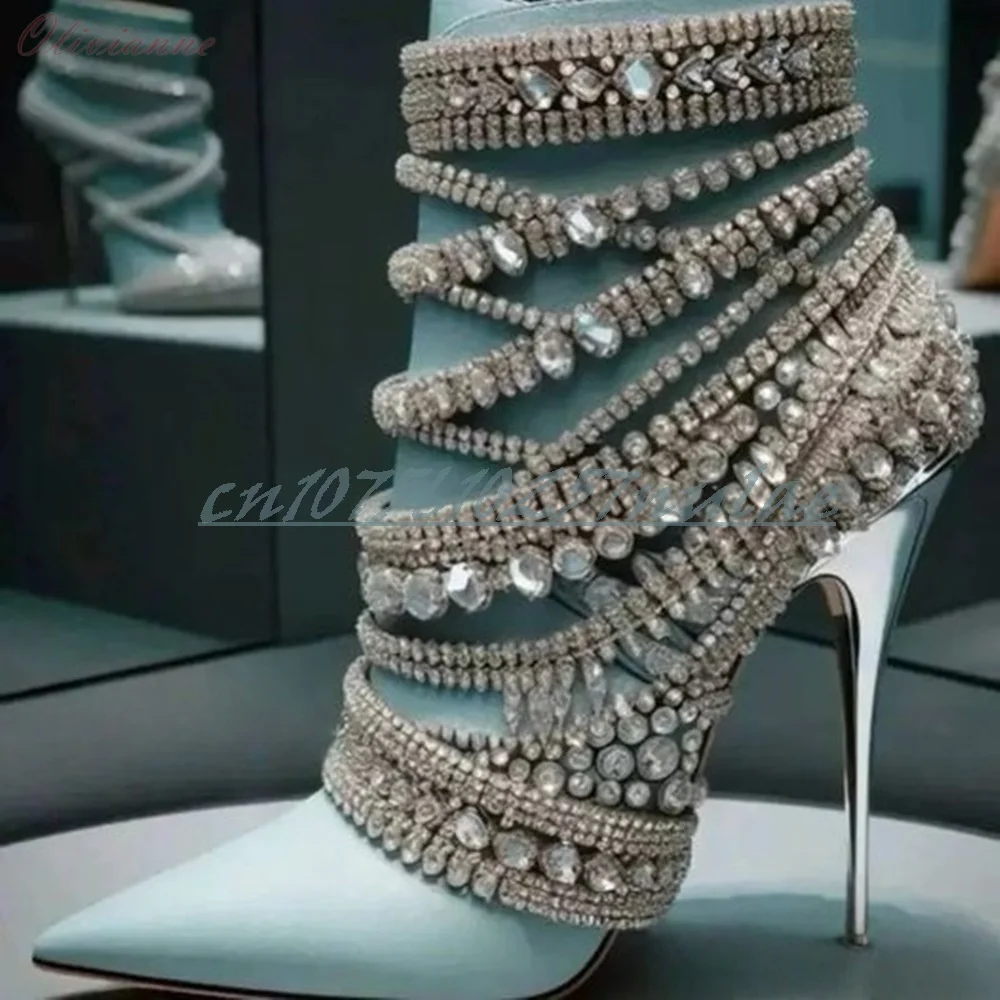 

Blue Glitter Crystals Belts Decor Ankle Boots Elegant Pointy Stiletto High Heel Party Fashion Sexy Women Shoes 2025 Para Mujere