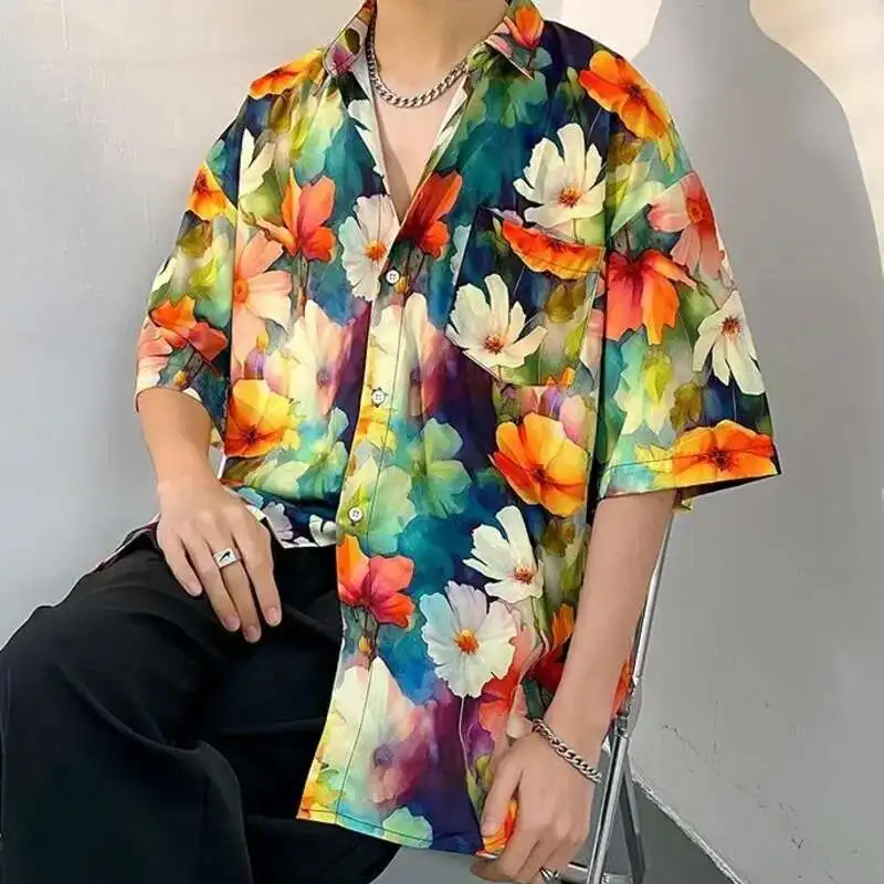 

2025 Summer New Fashion Men Floral Print Short Sleeve Shirts Beach Vacation Style Top Tropical Hawaii Blusas For Male Streetwear