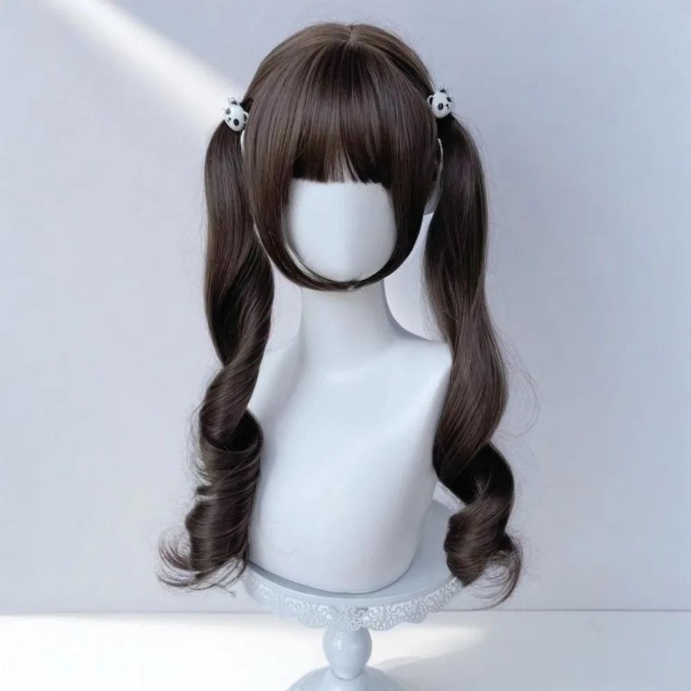 ‌ フレンチカーリーロリータウィッグ - チェスナットブラウンヘア、エアバング付き、JK女子高生ツインテール、フルヘッド合成コスプレヘア