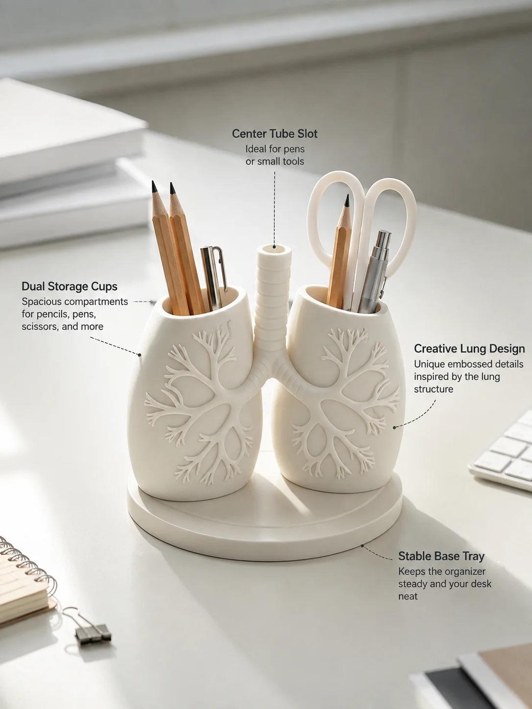 Modern Minimalist Medical-Style Lung-Shaped Desktop Storage Box, Petg Material with Three-Dimensional Embossed Texture, Dual Storage Cup and Pen Holder, with Central Tube Slot for Stable Base Tray Design, Matte Black and White Colors, Sturdy and Durable Structure, Dual-Compartment Stationery Storage Box, Can Be Used as Bathroom Toothbrush Holder, Dressing Table Organizer, Suitable for Office Work Areas, Home, Study Rooms, Study Desks, Space-Saving Organizer for Desktop Clutter, Gift for Medical Students, Doctors, Nurses, and Healthcare Workers, Housewarming and Graduation Gifts