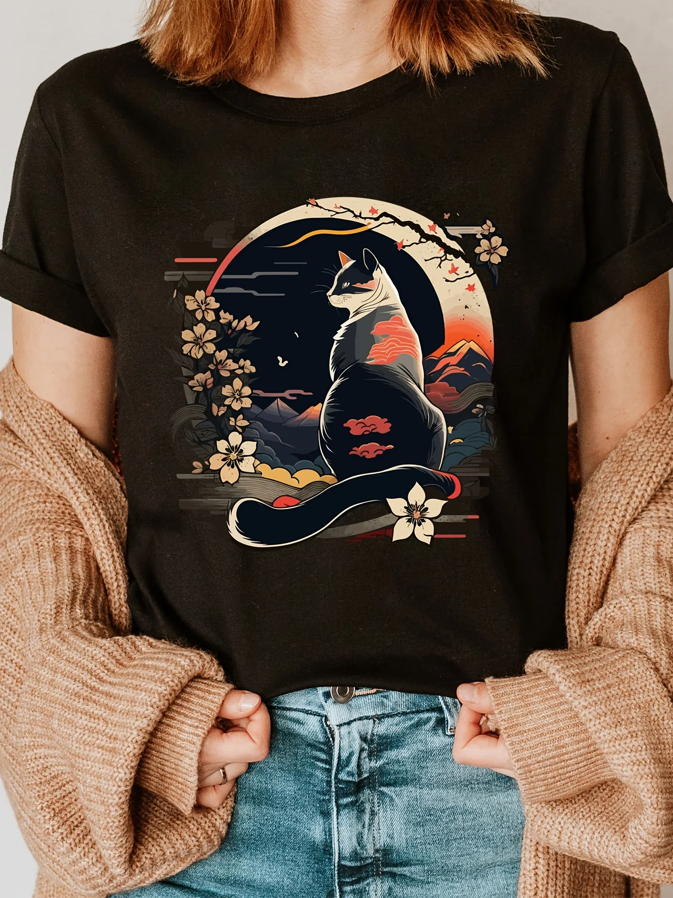

Women's Japanese Cat Print T-Shirt Round Neck Short Sleeve Cotton Tees Retro Hip Hop Y2k T-shirt Summer Tops Women Clothing