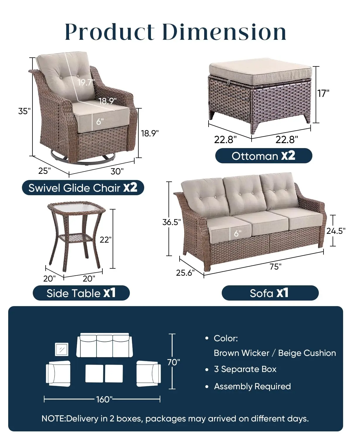 High Back Wicker Patio Furniture Set Swivel Rocker Chairs Sofa Ottoman All-Weather For Deck Backyard, Customized