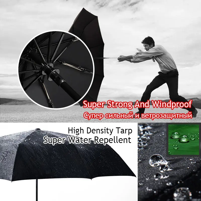 Windproof Three Fold Umbrella for Men, Strong Reinforced Umbrellas, Wind Resistant, Automatic, Sunny Rain, 10 Ribs