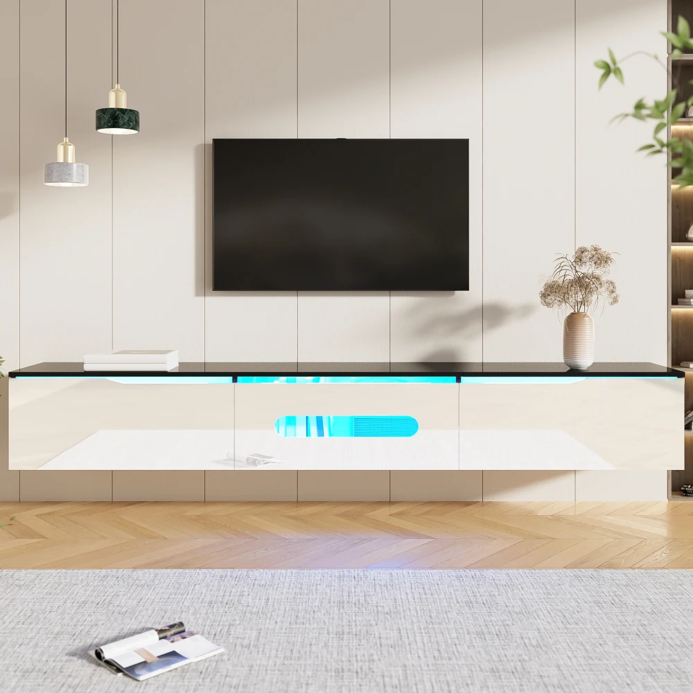 Mueble TV de pared blanco y negro de 180 cm de longitud | Superficie de alto brillo con iluminación LED de 16 colores, muebles que ahorran espacio