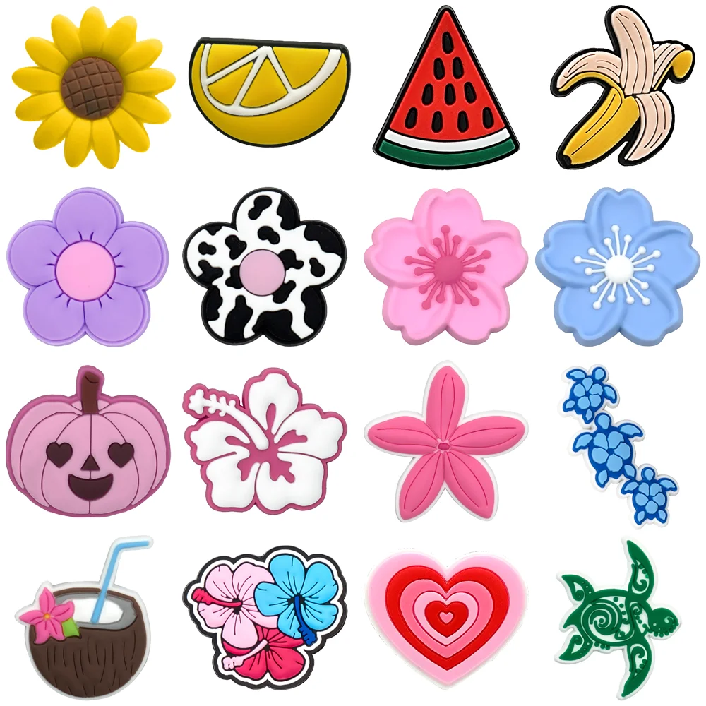 1-16-Piece Set of Flower and Fruit Shoe Charms, Watermelon and Lemon Charms for Shoes, Turtle Sandal and Clog Buckles