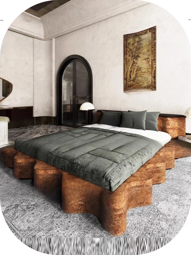 侘び寂び風ダブルベッド、樹瘤木目、波型無垢材ベッド、ショートスタイル