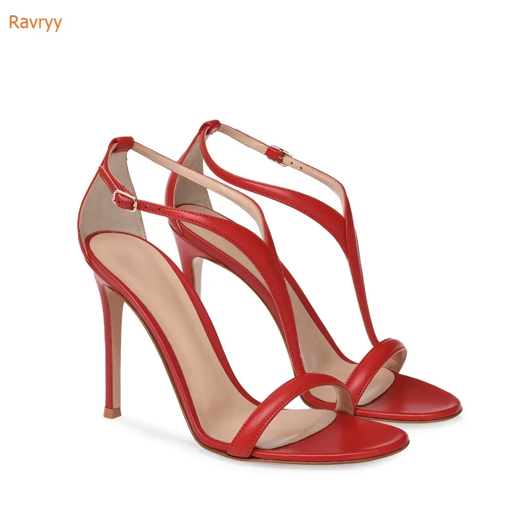

T-Strap Cross Women Sandals Round Toe Hollow Thin High Heels Pumps Black/red Fashion Ankle Buckle Casual Summer 2025 New Sandals