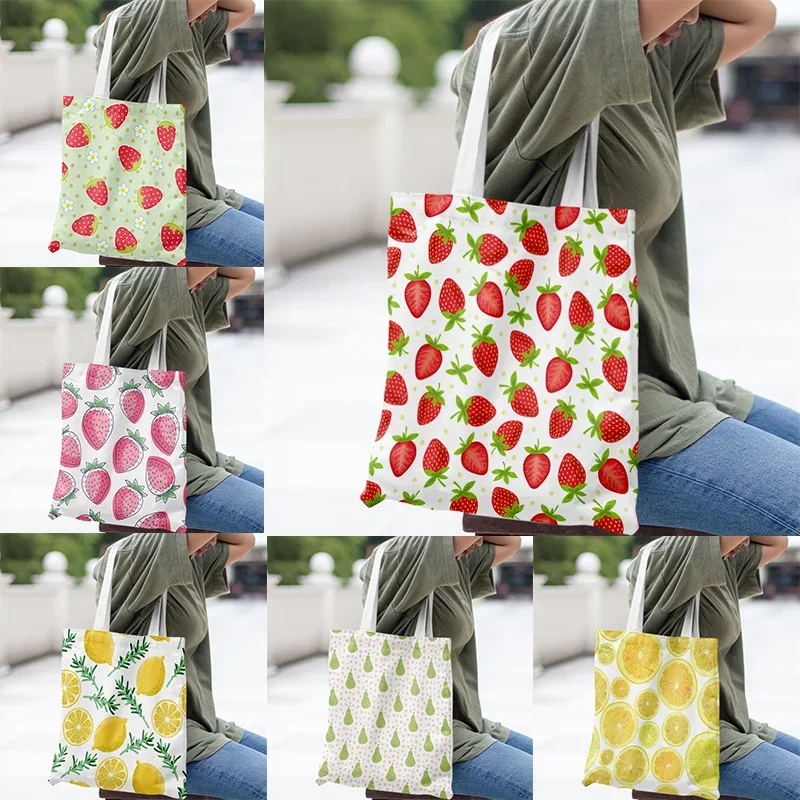 Strawberry Lemon Pattern Women's Environmental Protection Shopping Canvas  Leisure  Large  Handbag  Flower  Printing  Aesthetics