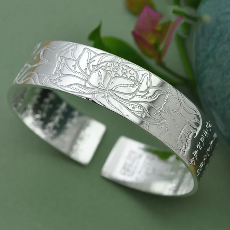 925 Sterling Silver Carving Lotus Language Open Bracelets Bangles For Women Wedding Engagement Party Fashion Charm Jewelry