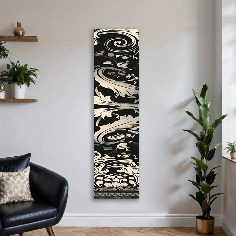 Eleganter vertikaler Banner-Wandteppich mit barockem Blumenmuster, schwarz-cremefarbenes Vintage-Muster, langer, schmaler Wandbehang für das Wohnzimmer