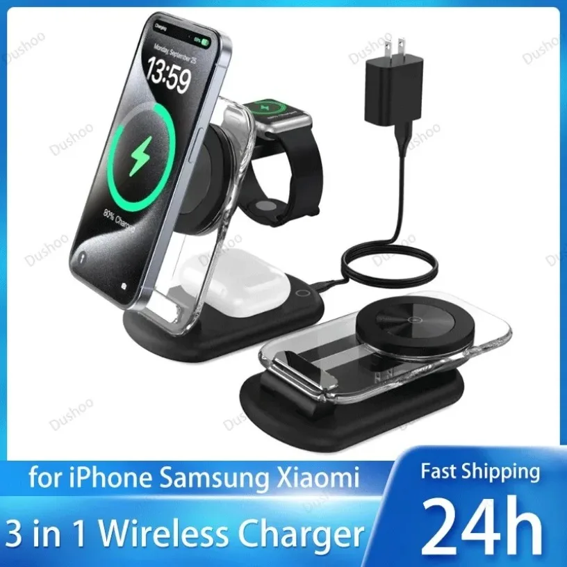 Cargador Inalámbrico Magnético 3 en 1 Plegable y Portátil de 15W con Base Transparente, Compatible con iPhone 17, 16, 15 y Apple Watch 10, 9