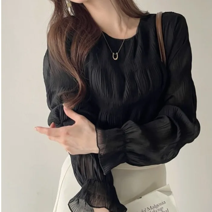 

Ретро-блузка из шифона с плиссированными рукавами-колокол, свободного кроя, для женщин, весенне-осенний дизайн, корейская мода, топ с длинными рукавами