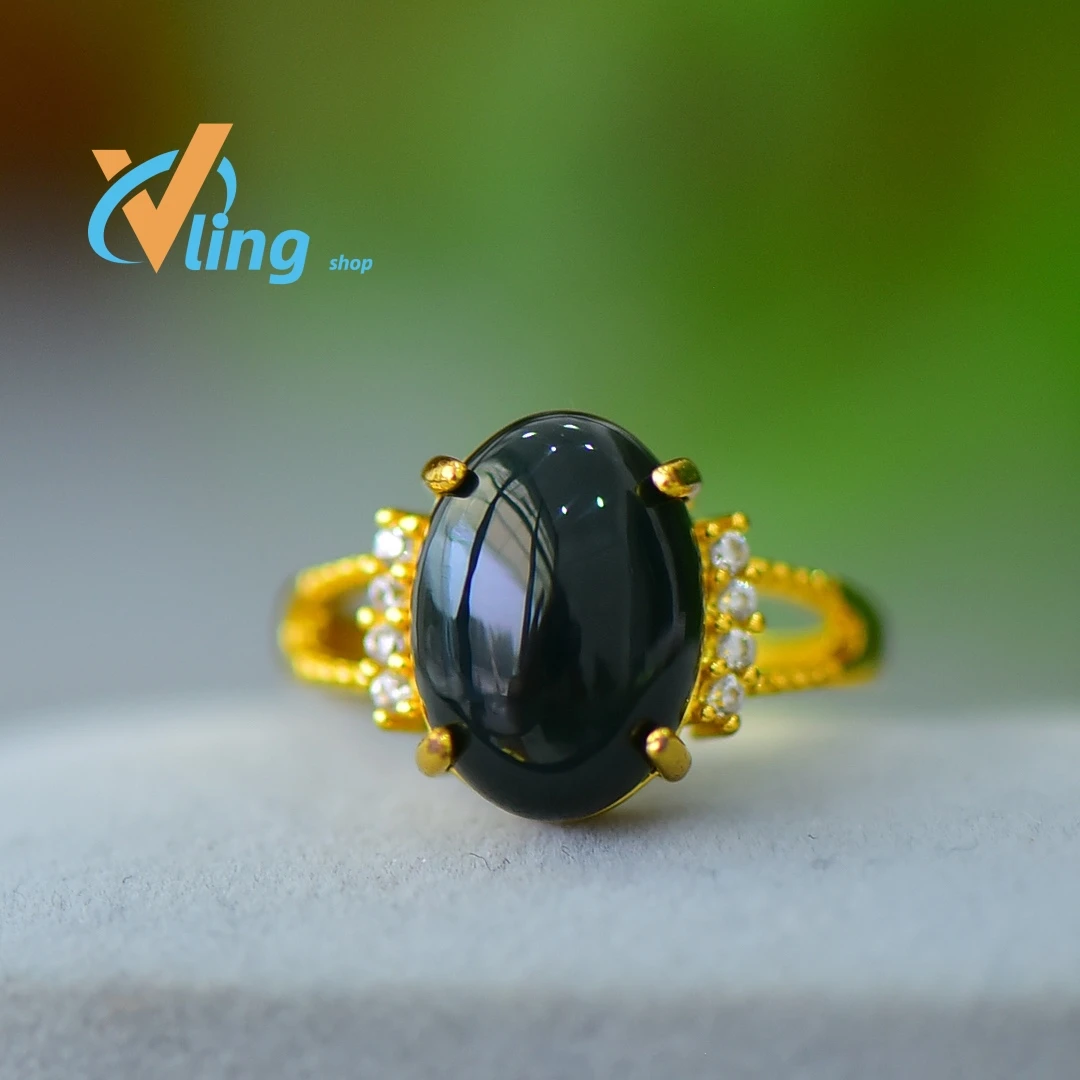 

New women's copper inlaid Hotan Jade sapphire egg surface exquisite ring gift black agate ring antique opening adjustable