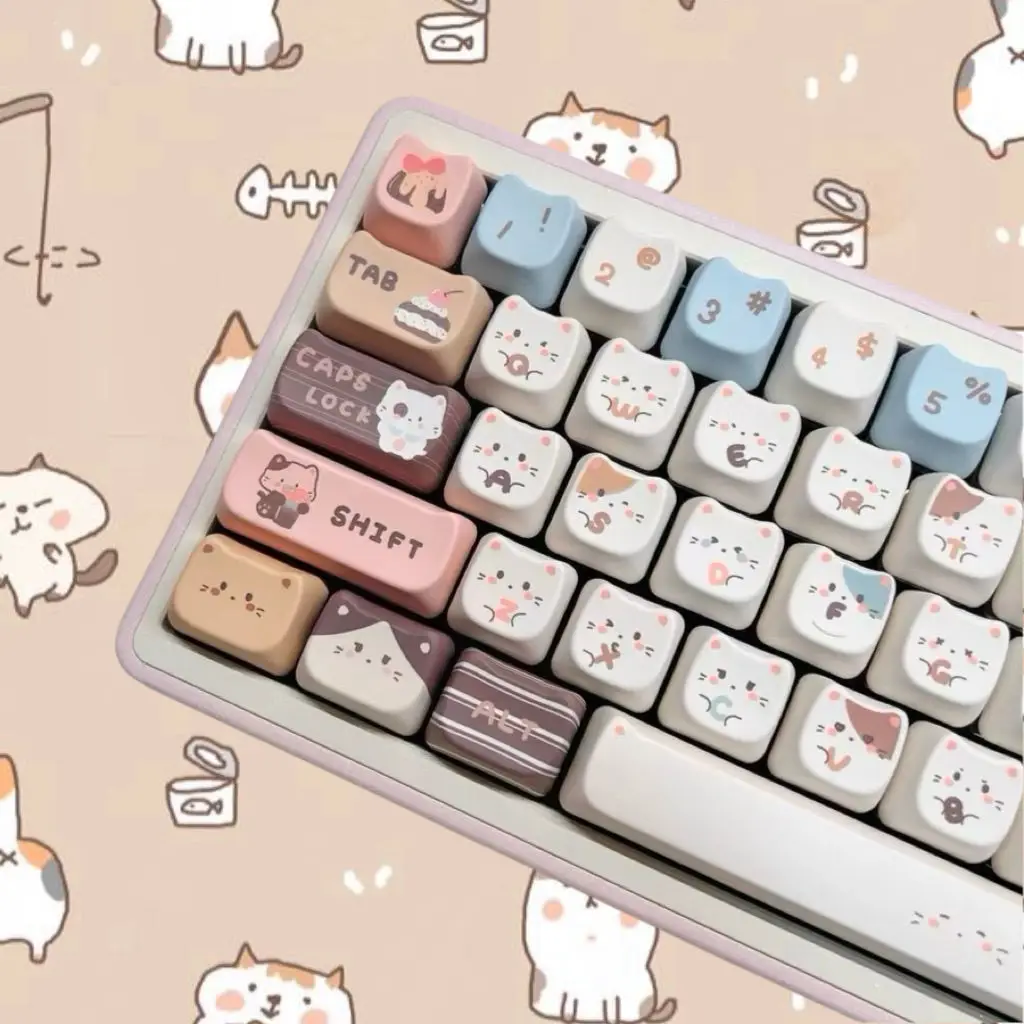 Imagem -02 - Cute Cat Cartoon Teclado Mecânico Keycaps Artesão Keycap Grupo Branco Kawaii Key Caps Pbt Eixo Mao mx Keycap Personalizado Estética