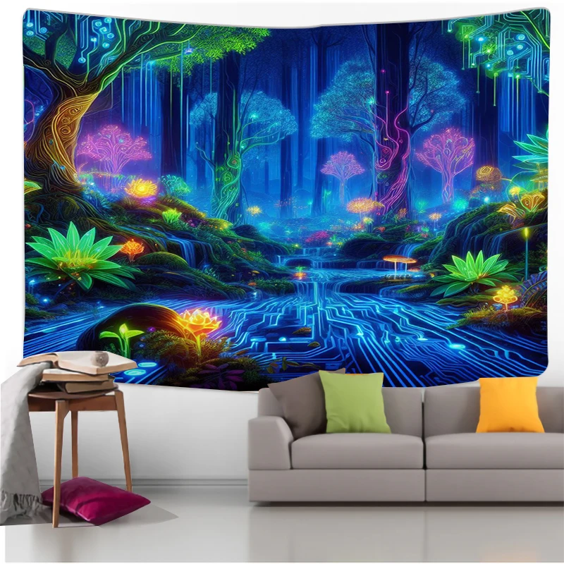 Cyber Forest Wall Tapestry Neon Nature Art Digital Circuit Design Sci Fi Landscape Boho Decor For Living Room And Study