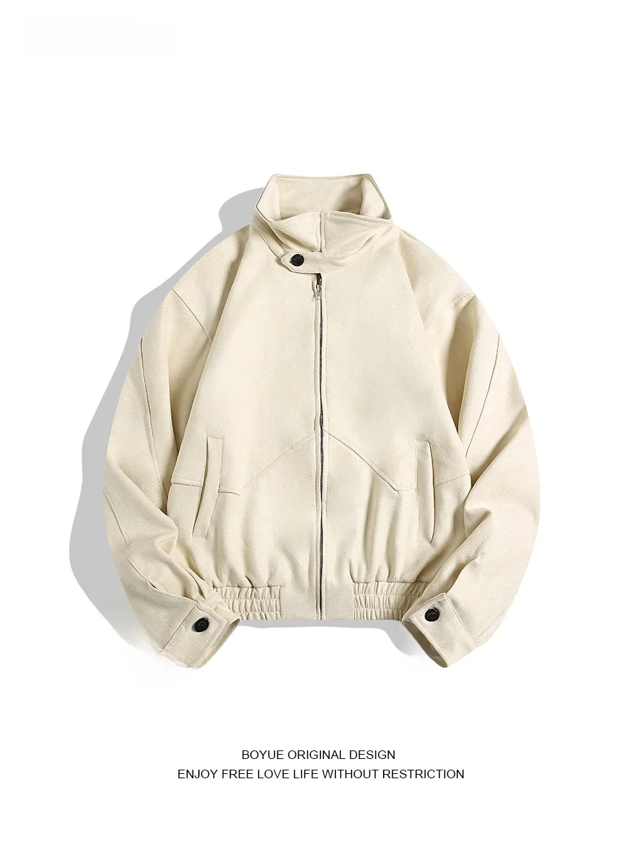 

Boyue American Retro Suede Jaet Men's Casual Trendy Couple Outerwear Spring Autumn Loose Fit Elastic Hem Zipper Closure