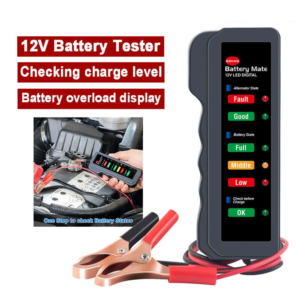 

12V Auto Battery Tester Digital Digital Battery Monitoring Meter Portable Electronic Alternator Tester for Car Motorcycle Trucks