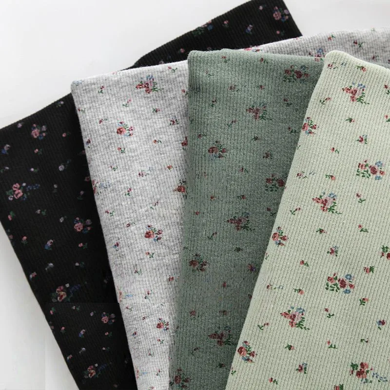 100% Cotton Rib Knit Fabric Floral Pattern Soft Material Home Dress Children Crawling Suit Women Short Sleeve Cloth DIY Fabric
