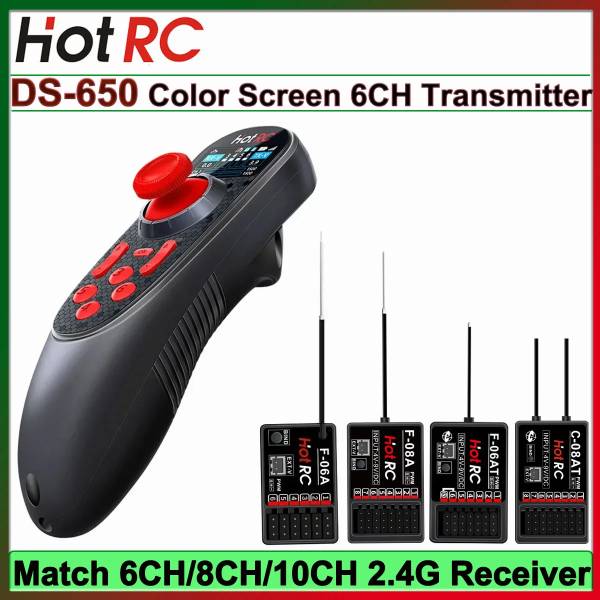 

HOTRC DS650 DS-650 6CH 2.4G Radio System Transmitter Color Screen Remote Control F-06A F-08A F-06AT Receiver for RC Boat DS600
