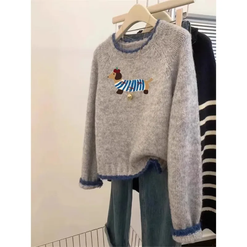 

Gray Puppy Print Round Neck Right Shoulder Sweater 2025 Autumn and Winter New Style Unique and Versatile Top