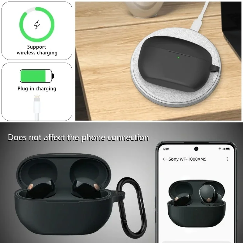 

For Sony WF-1000XM5 Bluetooth Earbuds， Soft Silicone Protective Cover， Smooth Skin Shell with Lock Buckle