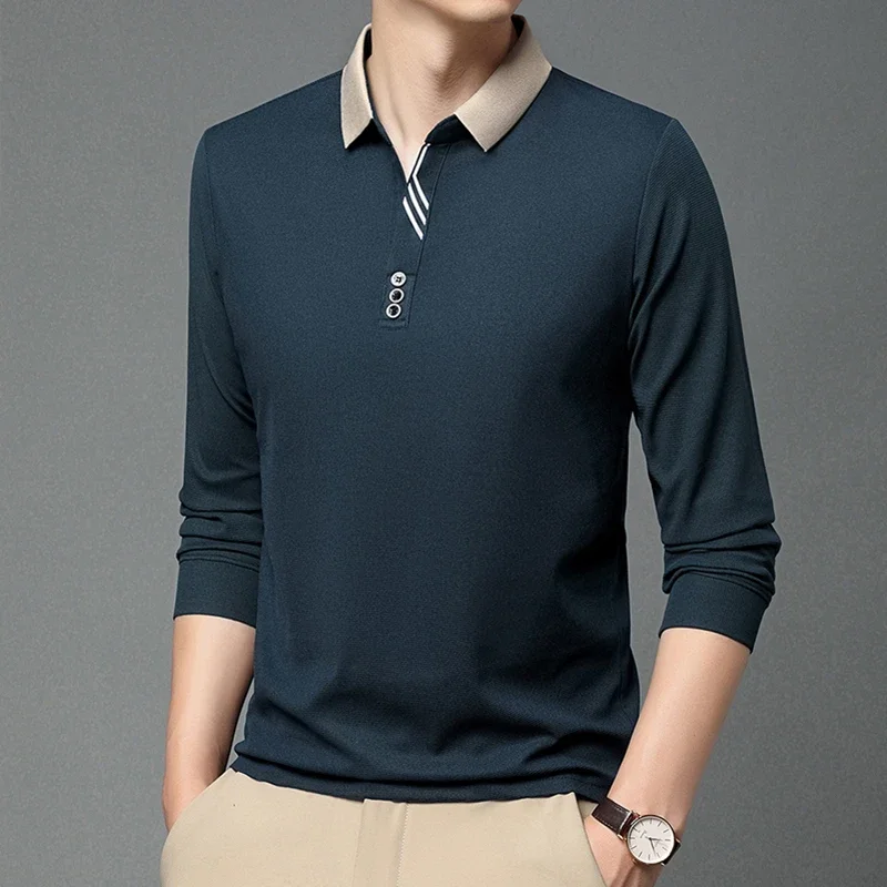 New Men's Business Casual Long Sleeved Shirt Solid Color Polo Shirt Fashionable Breathable Comfortable Versatile Top image 3
