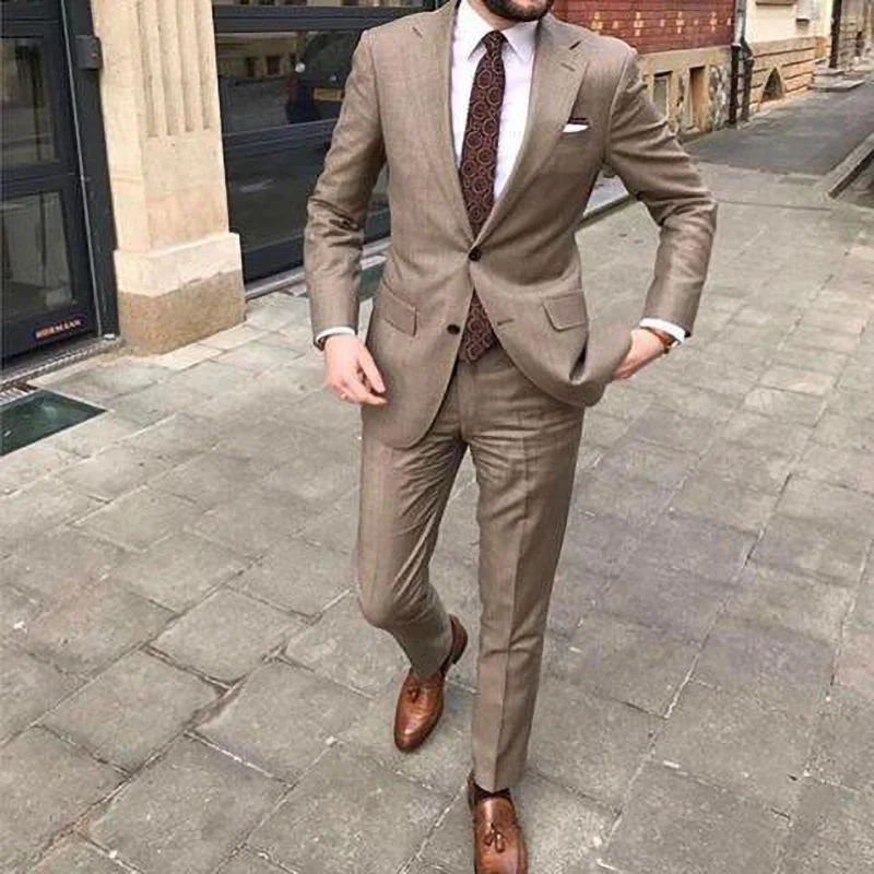 Elegant Khaki Men Suits Two Piece Summer Fashion Notch Lapel Single Breasted Outfits Chic Business Causal Wedding Tuxedo