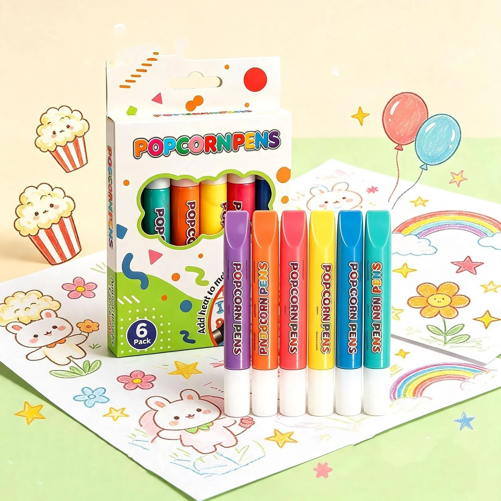 Popcorn Pens with 6 Colors Bubble Popcorn Drawing Pens Colourful Craft Pen for Greeting Birthday Cards Kids Christmas