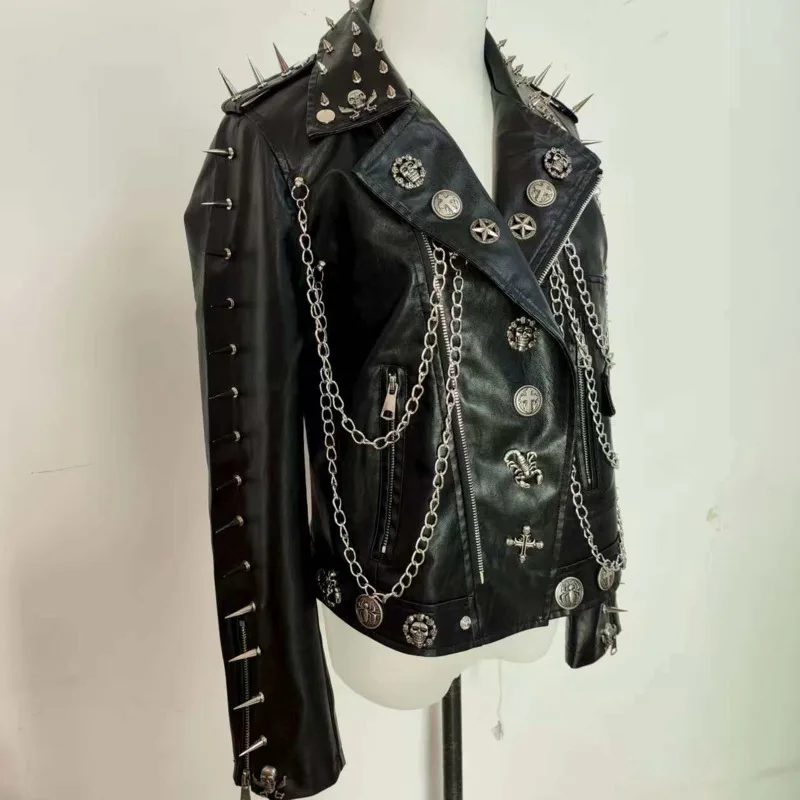 HKSH Women PU Leather Jacket Dark Style Chic Heavy Rivet Chains Niche Design Zippers Moto Biker Streetwear Spring Autumn HK23969