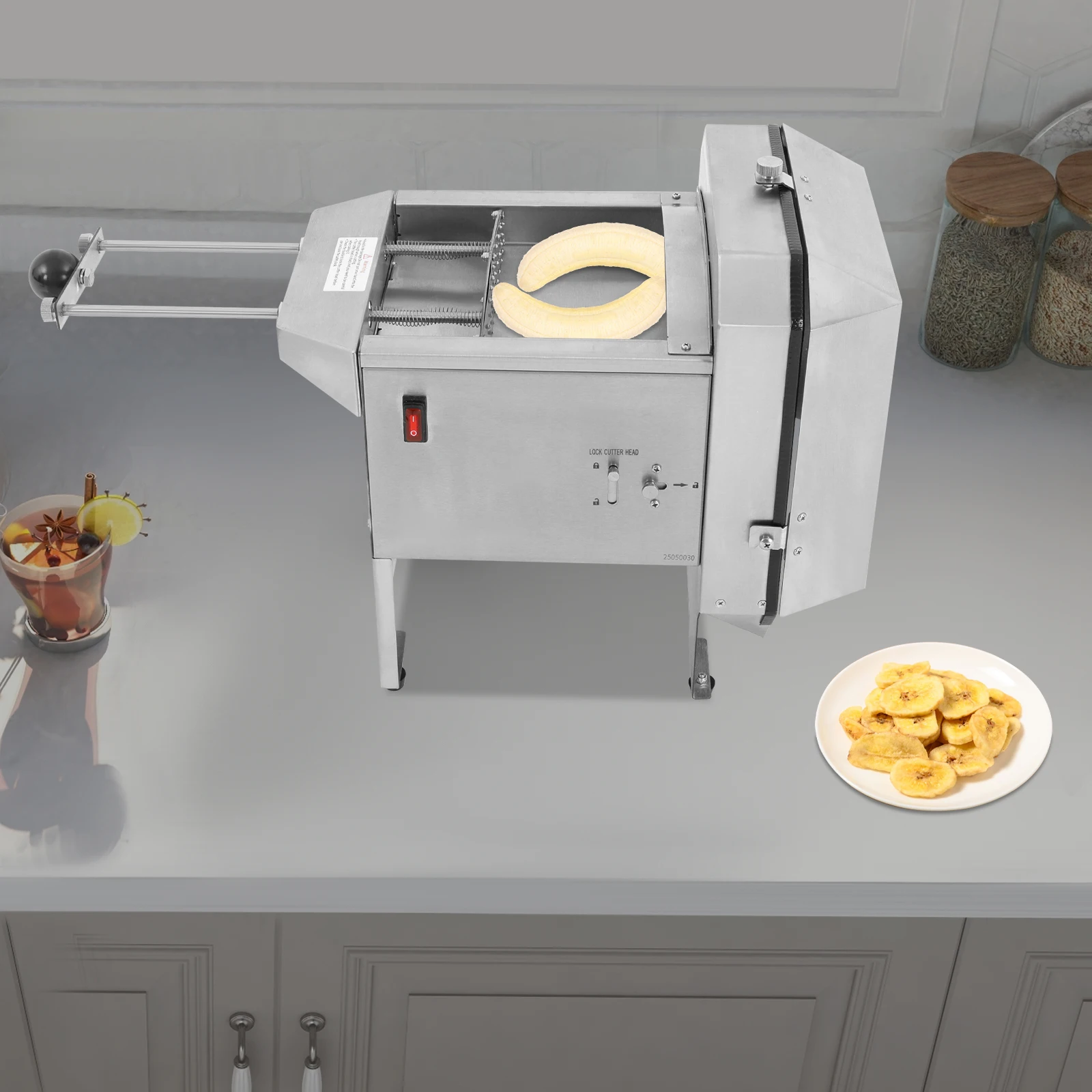 

Silver Electric Banana Slicing Machine Commercial Stainless Steel Vegetable and Fruit Slicer for Beverage Store Restaurant