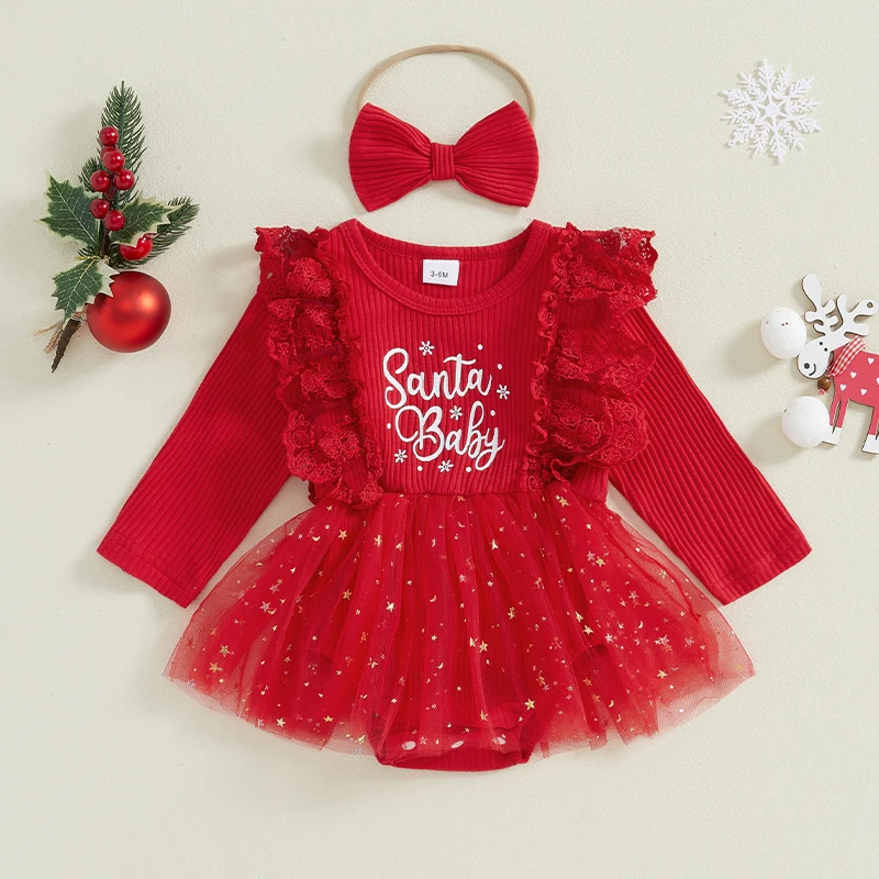 Suefunskry Baby Girls Christmas Romper Dress Letter Print Long Sleeve Jumpsuit and Cute Headband Set for Infant 2Pcs Outfits