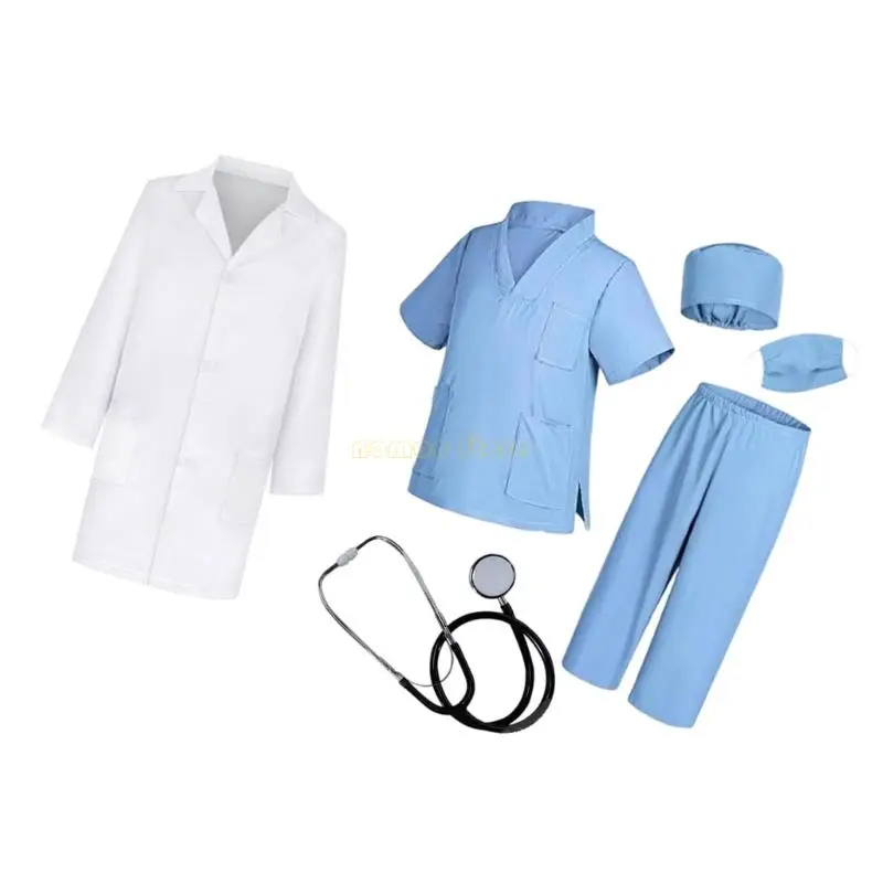 31BF Costume da dottore finto, set da 6 pezzi per bambini, in cotone, per giochi ruolo, uniforme, vestito divertente