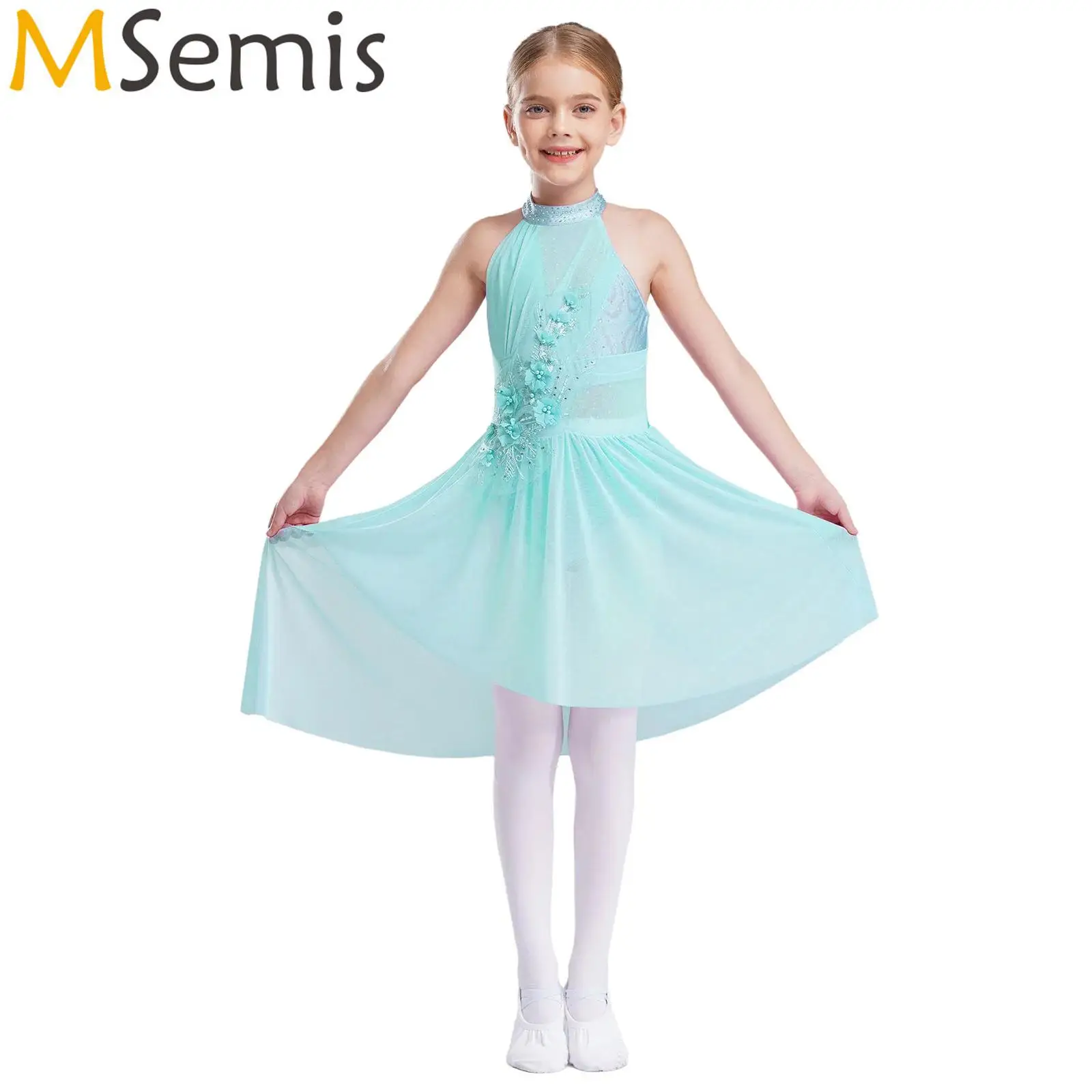 

Kids Girls Ballet Lyrical Dance Dresses Shiny Sparkly Rhinestones Figure Skating Dance Costume Delicate Applique Dress Dancewear