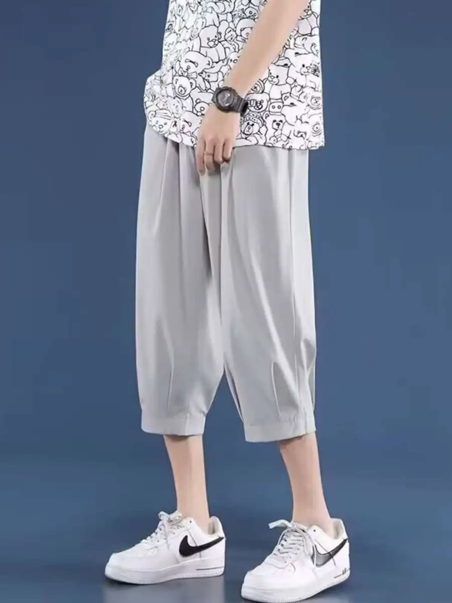 

Men's Summer Thin Ice Silk Loose Large Size Sport Casual orts Seven-Foot Pants Trendy Brand Eight-Piece Pants Straight Leg