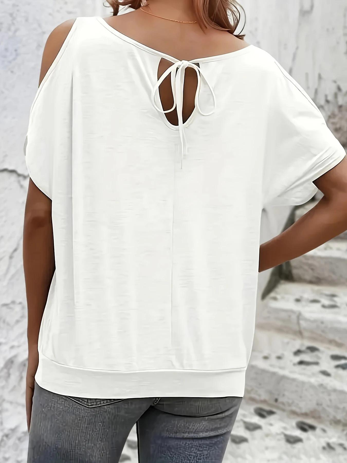 Women's T-Shirt Cold Shoulder Short Sleeve Solid Soft Knit Loose Tops Casual Tee Spring Summer Chic Tee Daily Breathable Tops
