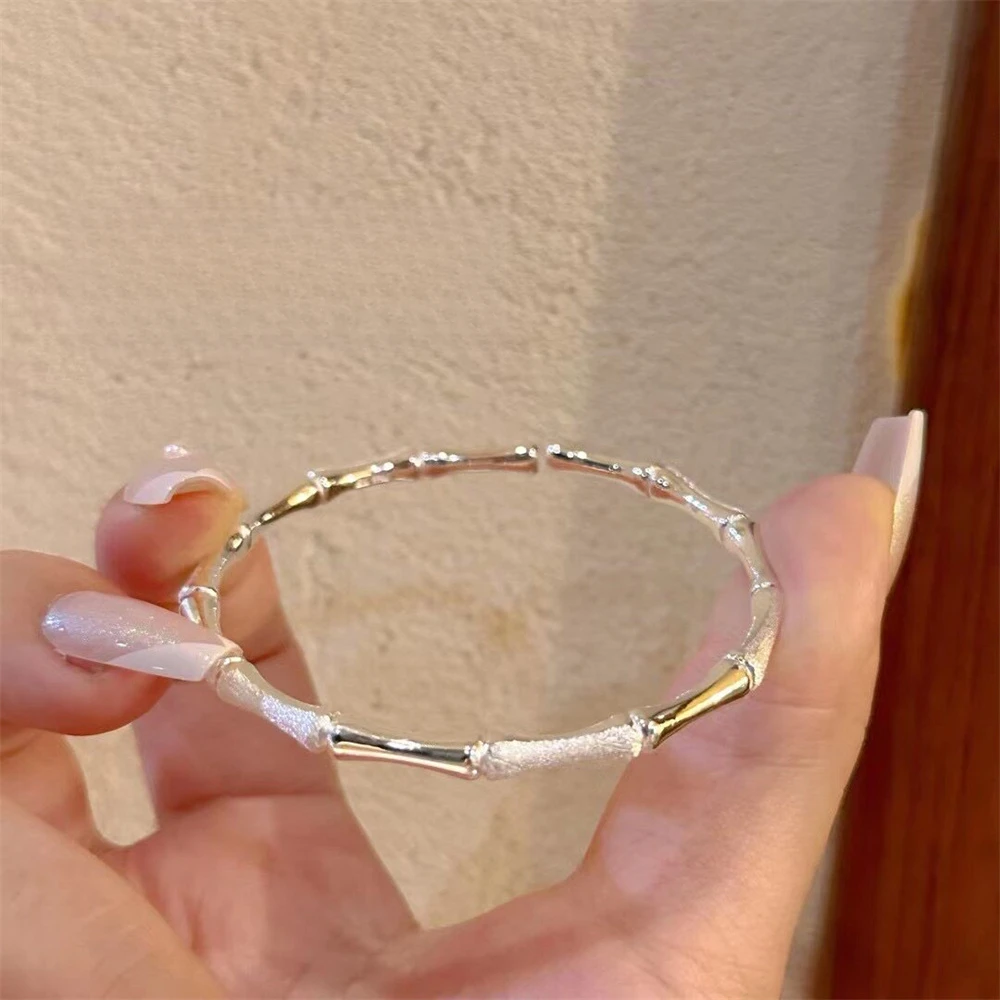 999 Sterling Silver Bamboo Joint Bangle for Women Solid Silver Open Bracelet Young Style Jewelry Gift for Girlfriend