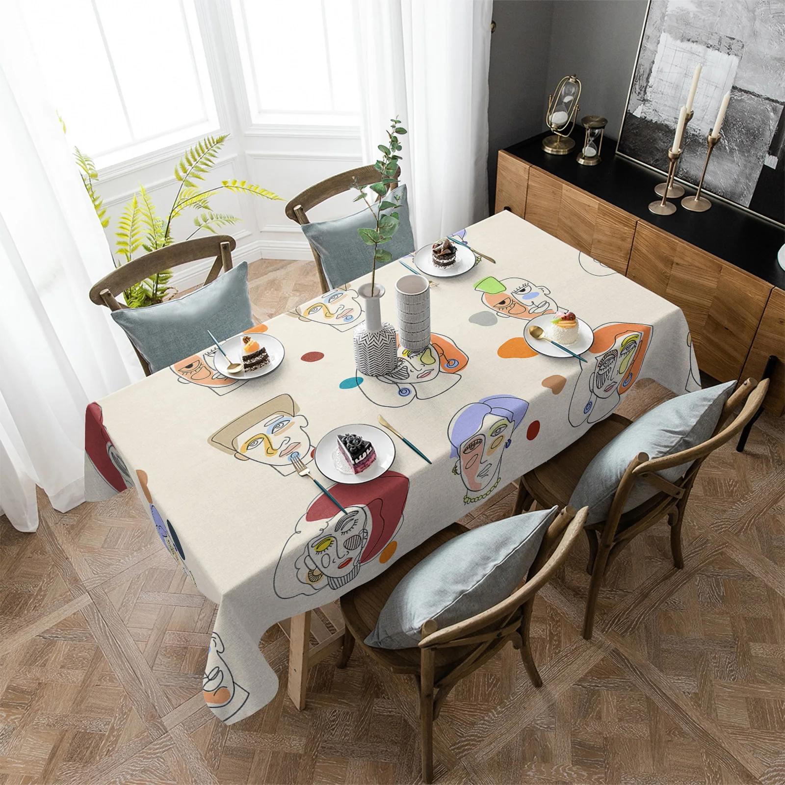 

Abstract Character Waterproof Tablecloth Living Room Dining Table Coffee Table Cover Outdoor Picnic Cloth