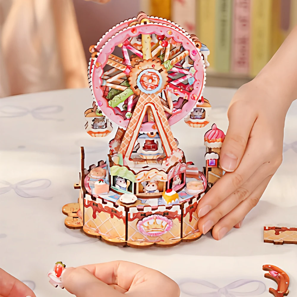 回転するデザート観覧車オルゴール - DIY 3D木製組み立てキット、メロディー付き手作りクラフト、子供と大人のためのユニークなギフト