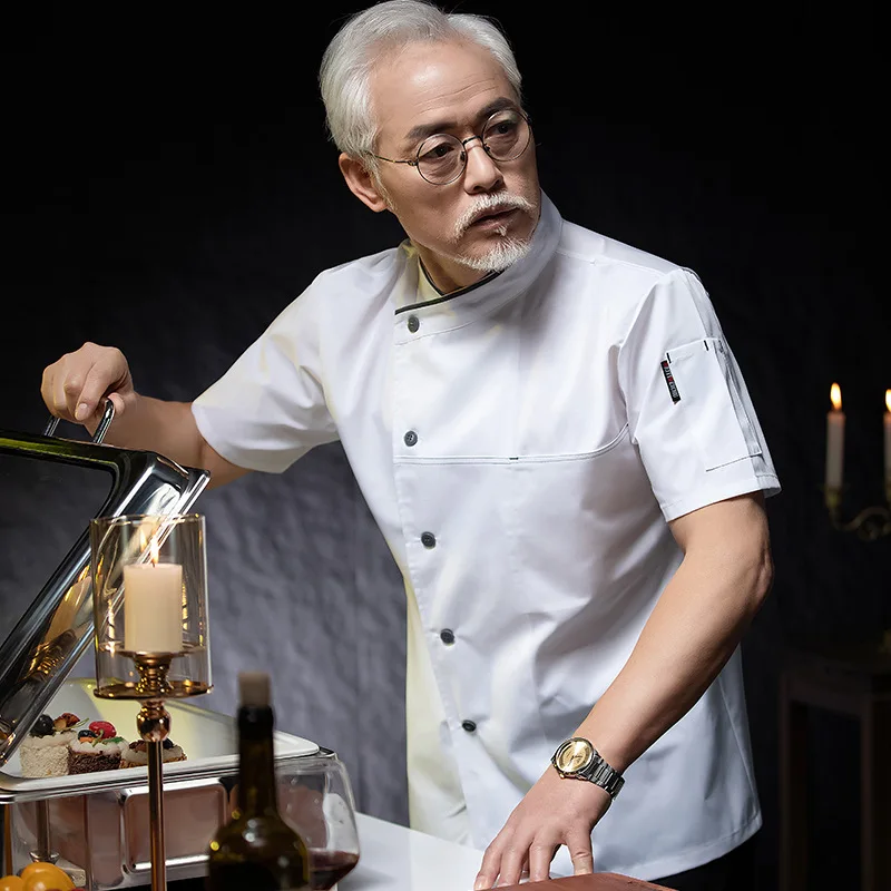 Uniforme de trabajo de cocina para restaurante de Hotel, chaqueta de Chef de manga corta, abrigo de cocina blanco de verano para Chef de pastelería y panadería