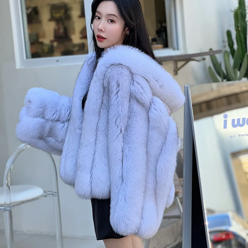 2023 WInter Women Real Blue Fox Fur Coats Whole Skin Genuine Loose bat sleeves Fox Hooded Fur