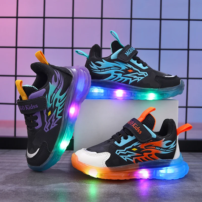 Mgo Kidss Teen Led Cartoon Dragon Sneakers - Boys' Sneakers with Flashing Lights, Camouflage and Solid Patterns, Velcro Closure, Ages 1-9, Perfect for Casual Play, Seasonal Youth Footwear | Dragon-Themed Shoes | Durable Pu Upper Material